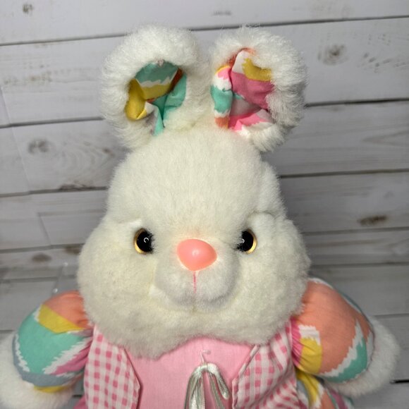 Vintage Plush Bunny Rabbit Doll 14" Pastel Rainbow Dress Gingham Bow Easter Toy - Picture 2 of 8